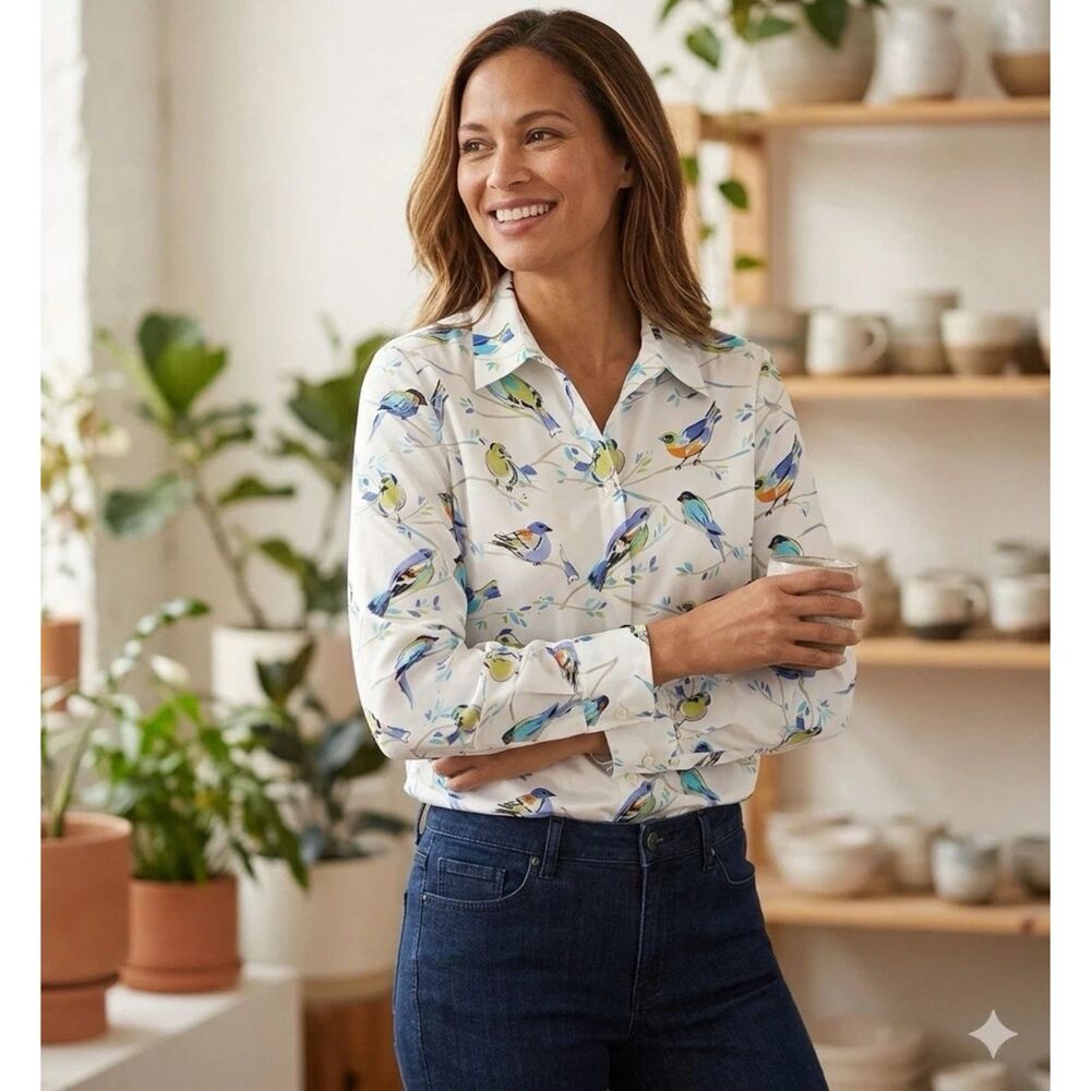 JM Collection Blouse Womens Petite 14P Song Birds Colorful button front Top